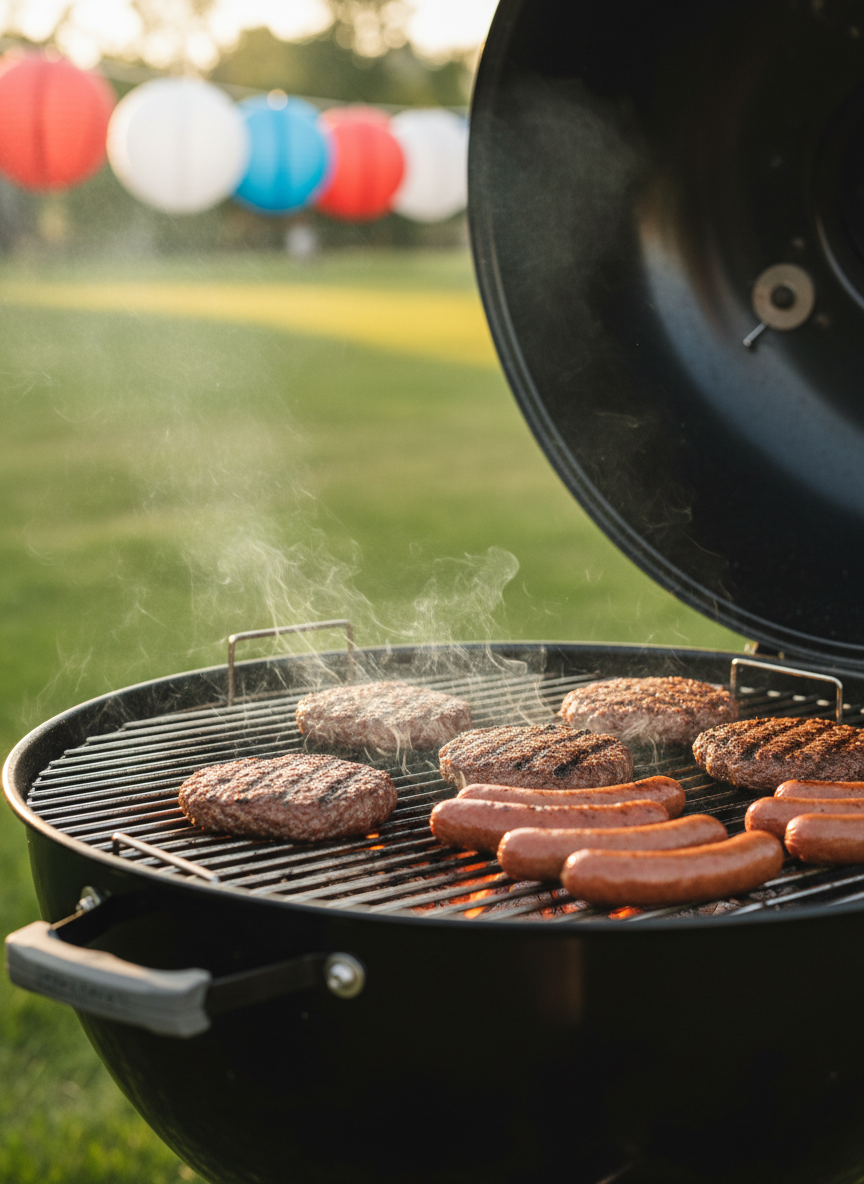 A tightly framed close-up of a classic charcoal grill with its black enamel lid open, revealing perfectly arranged burgers and hot dogs sizzling over glowing orange coals. Thin wisps of smoke curl upward against a subtly blurred background of a green lawn and a few red, white, and blue paper lanterns hanging above. The grill’s metal grates glisten with heat, and the food shows clear grill marks in rich browns. Warm late-afternoon sunlight streams in from the side, casting golden highlights on the metal and emphasizing the texture of the food. Captured in photographic realism at a slightly downward angle with a moderate depth of field, the scene feels flavorful, casual, and quintessentially American, perfect for a community bash theme.