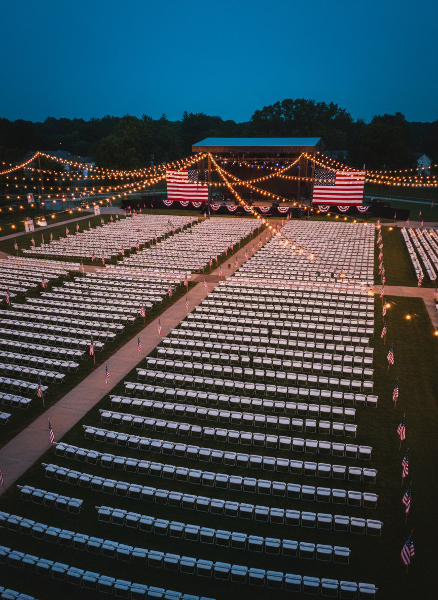 An expansive aerial-style view of a football-field-sized outdoor venue at the Jaffa Shrine in Altoona, Pennsylvania, rendered without any people. Neatly arranged rows of empty white folding chairs face a prominent main stage draped in oversized American bunting. Dozens of small American flags line the walkways, their fabric caught mid-ripple in an imagined breeze. Overhead string lights crisscross the space, glowing warmly against the deep cobalt-blue early evening sky. The lighting comes from both the stage and the string lights, creating pools of golden illumination on the grass and pavement. Captured in photographic realism with wide-angle composition and sharp focus, the mood is anticipatory, energetic, and ready for a patriotic community bash.