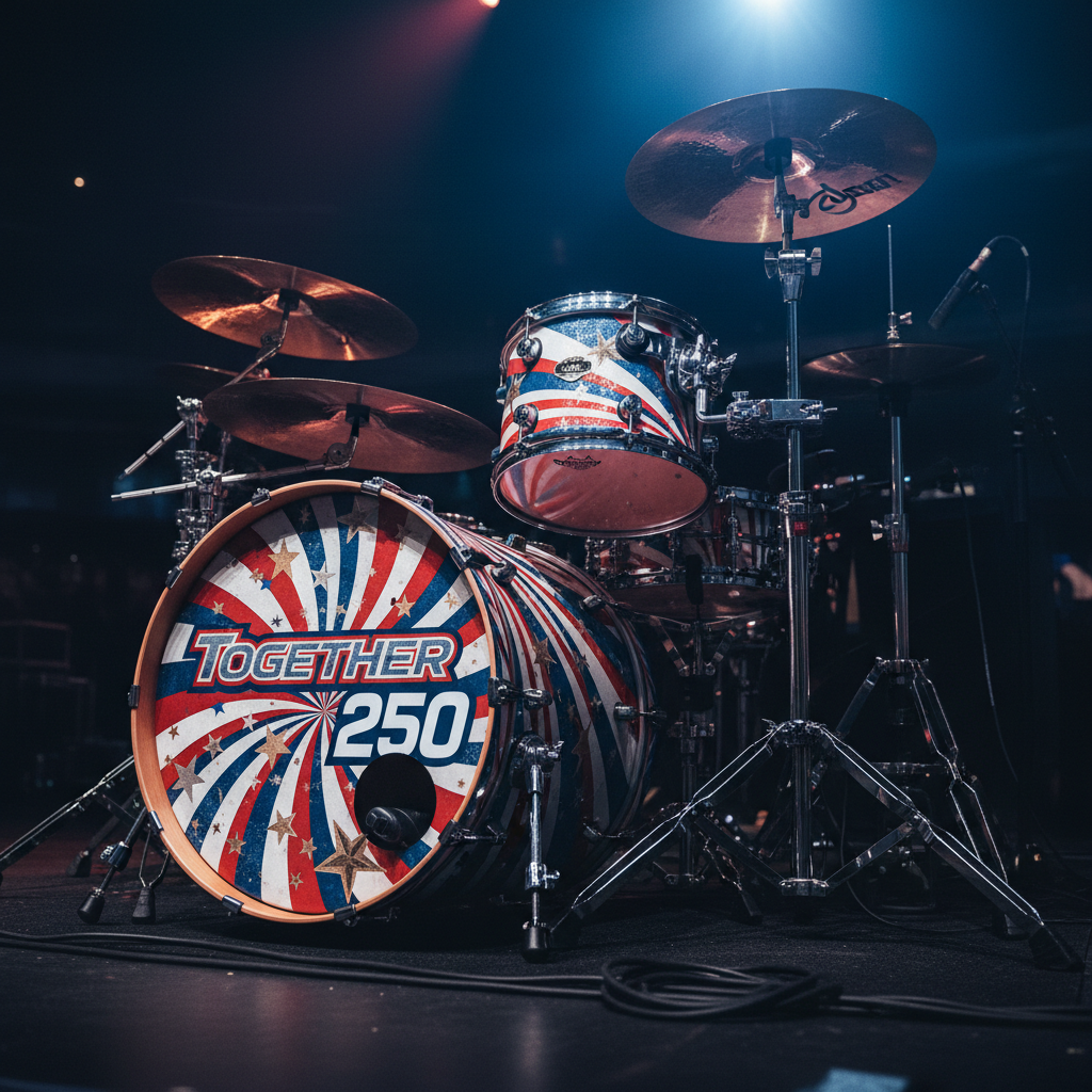 An intense, close-up view of a drum kit wrapped in a custom red, white, and blue patriotic design, featuring metallic star patterns across the shells. The chrome hardware gleams under dynamic stage lighting in deep blue and rich crimson, with a hint of white spotlight striking the cymbals and creating sharp, specular highlights. The bass drum head is printed with a bold “Together 250” logo in modern typography. Cables and a sturdy black stage floor add context without clutter. Shot from a low, angled perspective in photographic realism, with the front of the kit in sharp focus and the backdrop fading into darkness, the atmosphere feels electric, bold, and ready for high-energy live music at the celebration.