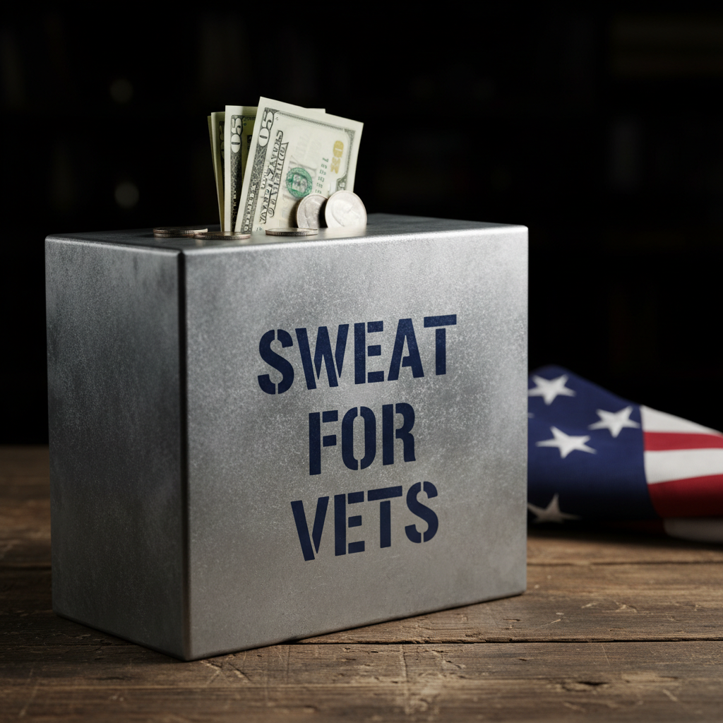 A close-up of a heavy, brushed-steel donation box labeled “Sweat for Vets” in bold, stencil-style navy lettering, set on a rugged wooden table with visible grain and scratches. Crisp U.S. dollar bills and a few shiny quarters are partially visible through a narrow slot at the top. Behind the box lies a neatly folded American flag, its embroidered white stars and deep red and blue fabric sharply detailed. Strong, directional side lighting casts bold shadows and emphasizes textures in photographic realism. The composition uses rule of thirds, with the box in sharp focus and the flag softening into a gentle blur, creating a serious yet inspiring atmosphere that highlights the fundraising mission for veterans.