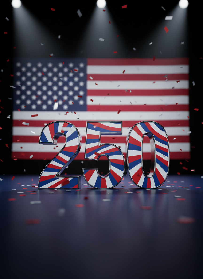 A dramatic close-up of a large, glossy chrome number “250” standing upright on a dark navy-blue stage floor, each numeral wrapped in a tight spiral of vivid red, white, and blue ribbon. Behind it, an enormous American flag hangs perfectly smooth against a black backdrop, illuminated by crisp, focused spotlights that create sharp highlights on the metallic surfaces and deep, theatrical shadows. Small bursts of red and silver confetti are frozen mid-air around the numbers. Captured at a slightly low angle in photographic realism, with a shallow depth of field that keeps the 250 razor sharp while the flag softly blurs, the scene feels bold, powerful, and celebratory.