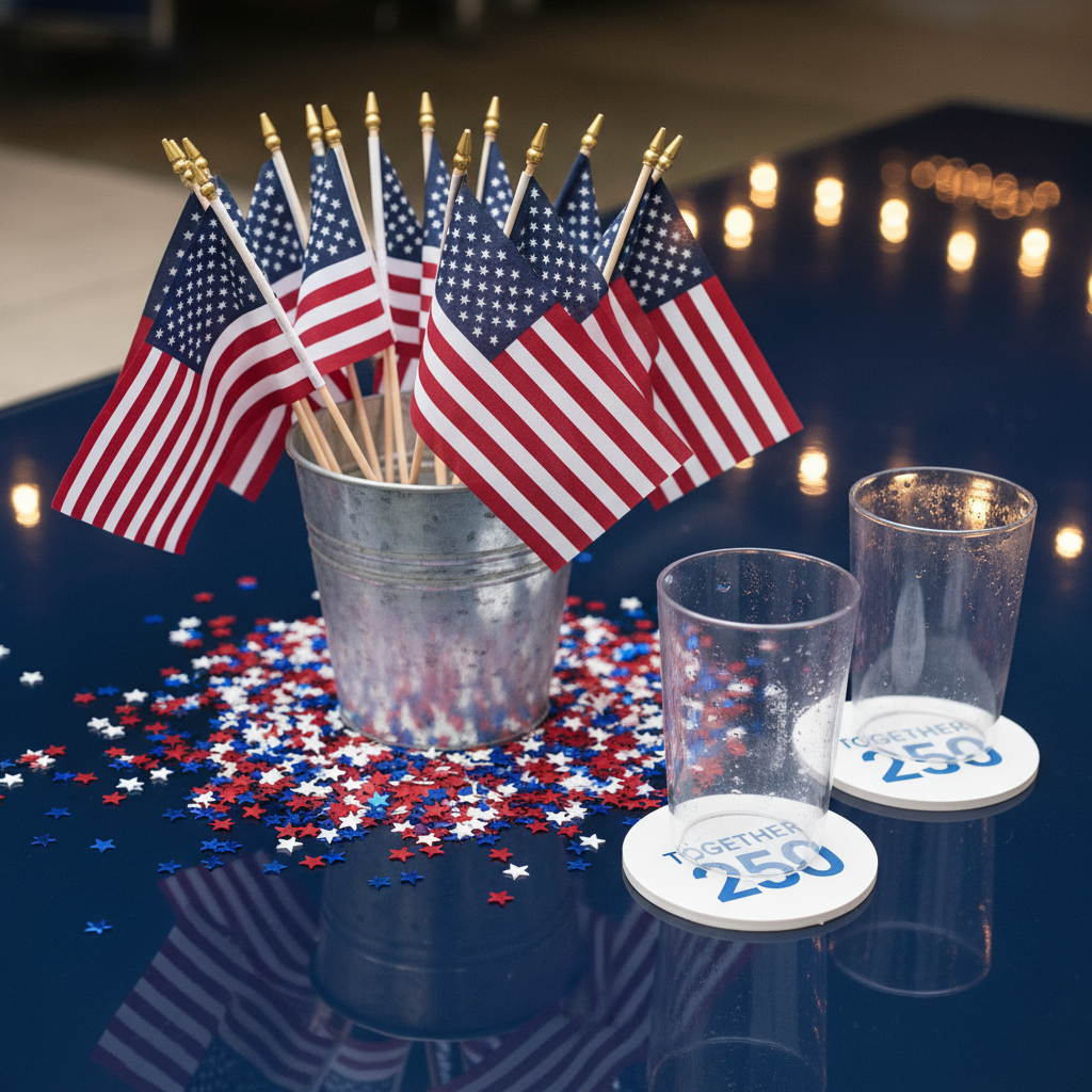 A meticulously arranged centerpiece for a patriotic celebration: a galvanized metal bucket filled with small, perfectly detailed American flags on slender wooden poles, surrounded by red, white, and blue star-shaped confetti scattered across a glossy navy tabletop. Nearby, transparent acrylic drink tumblers with condensation beads rest on crisp white coasters bearing a subtle “Together 250” logo. Overhead, warm string lights reflect softly in the tabletop, creating gentle highlights. The scene is captured in photographic realism from a slightly elevated angle with a shallow depth of field, keeping the flags and logo in sharp focus while the background fades into a smooth bokeh of soft colors. The overall mood is festive, bold, and community-focused, perfect for an event branding image.