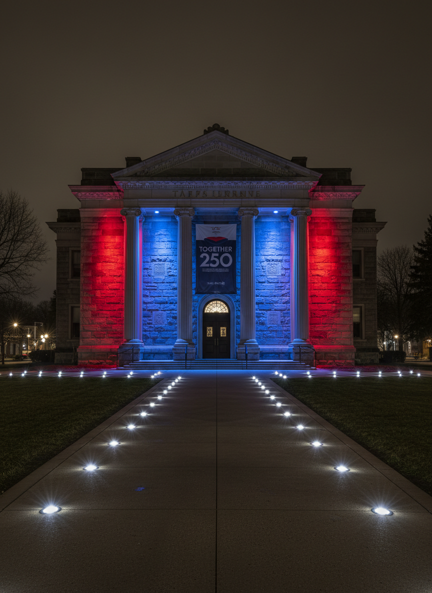 A dramatic night scene outside the Jaffa Shrine building in Altoona, Pennsylvania, entirely devoid of people. The historic facade is illuminated in red, white, and blue architectural lighting that washes the columns and arches with saturated color. In the foreground, a wide concrete walkway is lined with small LED ground lights casting crisp beams upward, creating repeating patterns of stars projected onto the pavement. A large, temporary “Together 250” banner stretches across the entrance, its surface catching reflections from the colorful lights. Captured in photographic realism with a wide-angle lens and long exposure effect that enhances the glow, the composition emphasizes the building’s symmetry and grandeur, evoking a proud, patriotic, and community-centric mood.