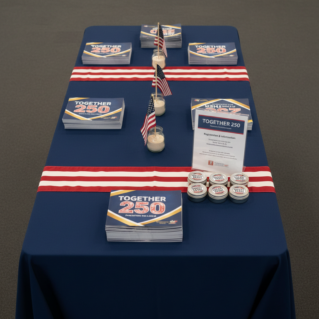 An overhead, photographic realism shot of a long rectangular table draped in a perfectly pressed navy tablecloth, set up as an information and registration station for Together 250, with no people present. On the table sit neatly stacked glossy brochures featuring a bold “Together 250” logo, a clear acrylic sign holder displaying event details, and a row of small metal tins branded with “Sweat for Vets” stickers. Red and white striped runners cross the table, and miniature wooden American flags stand upright in simple glass jars filled with sand. Soft, diffused indoor lighting creates gentle shadows and a clean, professional look, while the composition’s symmetry and sharp focus throughout communicate organization, purpose, and patriotic pride.